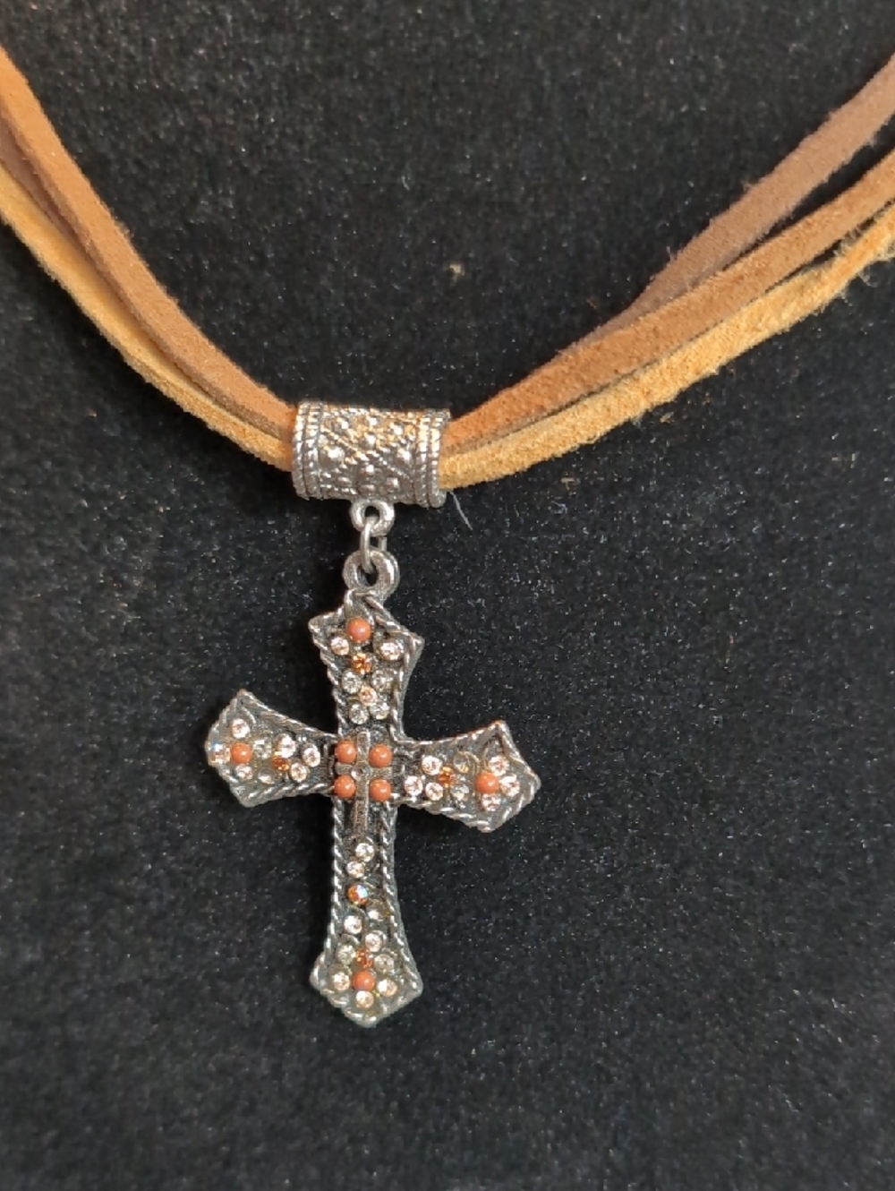 Suede Multi-Strand Necklace with Ornate Cross Pendant - Tan